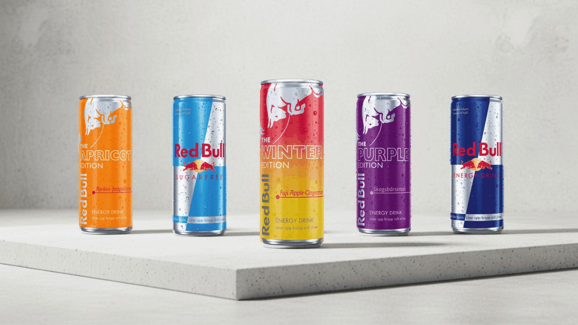 Fem olika Red Bull burkar